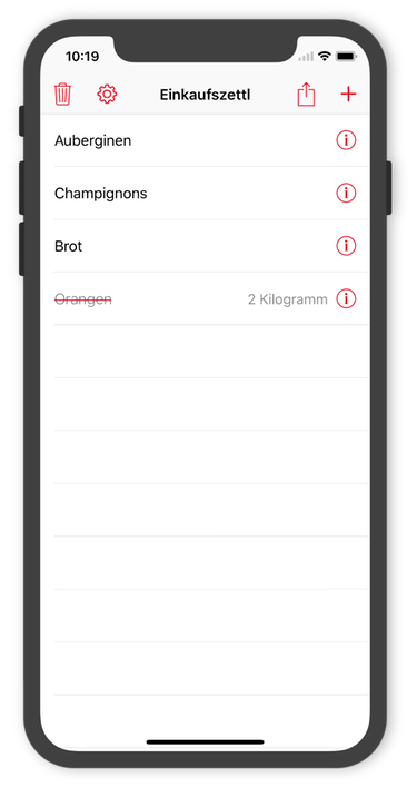 Screenshot vom iPhone X mit dem Einkaufszettl